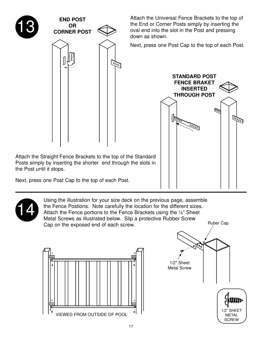 Swim'n Play end deck manual Standard Post Fence Braket Inserted Through Post 