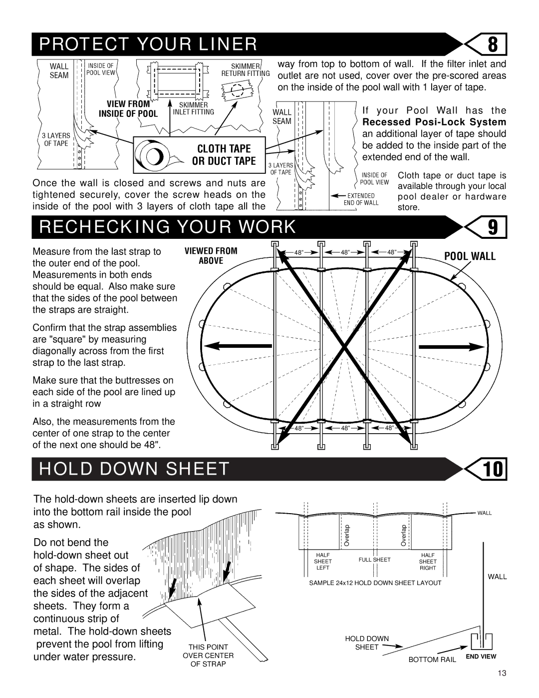 Swim'n Play oval 4ft pool warranty Protect Your Liner, Rechecking Your Work, Hold Down Sheet, Tapecloth Tape, Pool Wall 