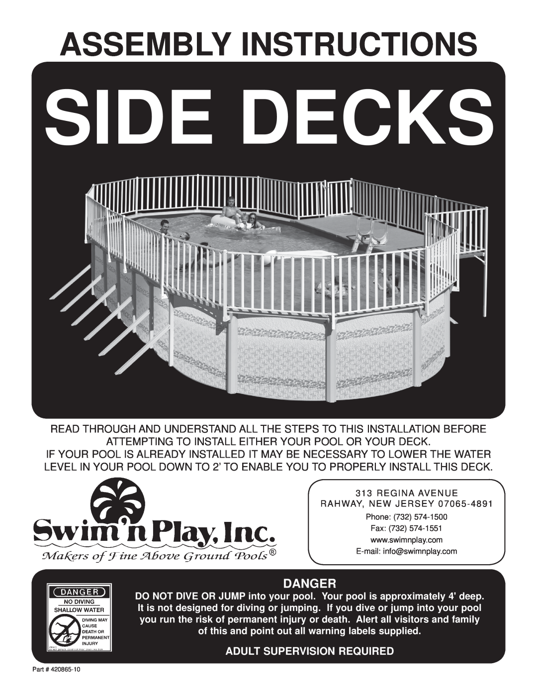 Swim'n Play side deck manual Side Decks, Assembly Instructions, Danger, Adult Supervision Required 