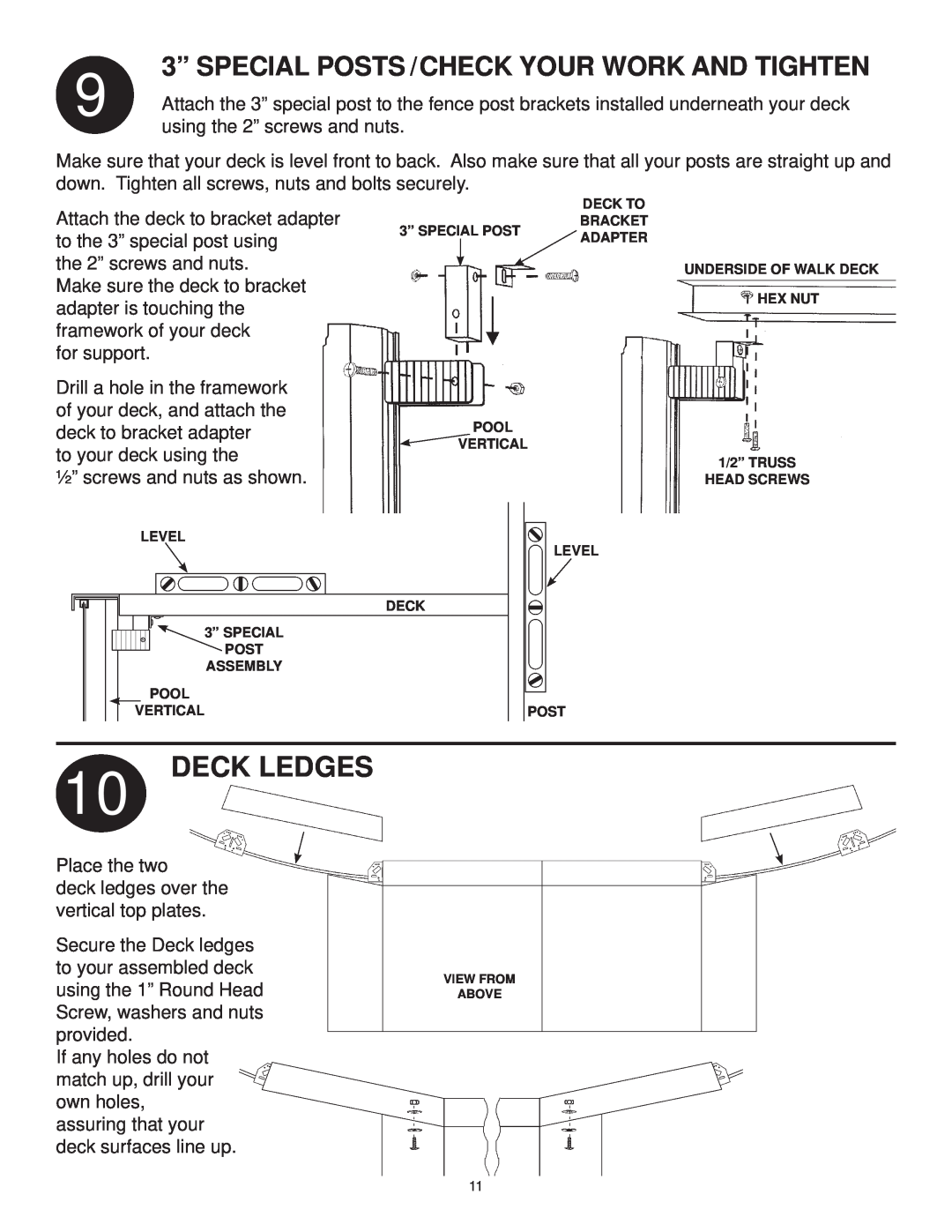 Swim'n Play side deck manual Deck Ledges, 9 3” SPECIAL POSTS /CHECK YOUR WORK AND TIGHTEN 