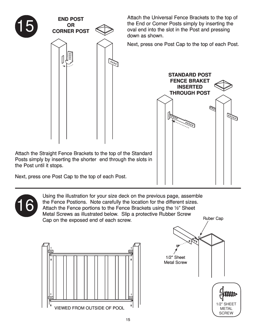 Swim'n Play side deck manual Standard Post Fence Braket Inserted Through Post, Ruber Cap, 1/2 Sheet Metal Screw 