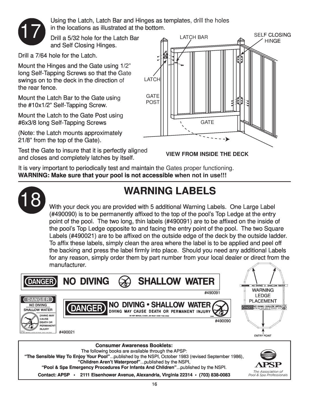 Swim'n Play side deck manual WARNING Make sure that your pool is not accessible when not in use, Warning Labels 