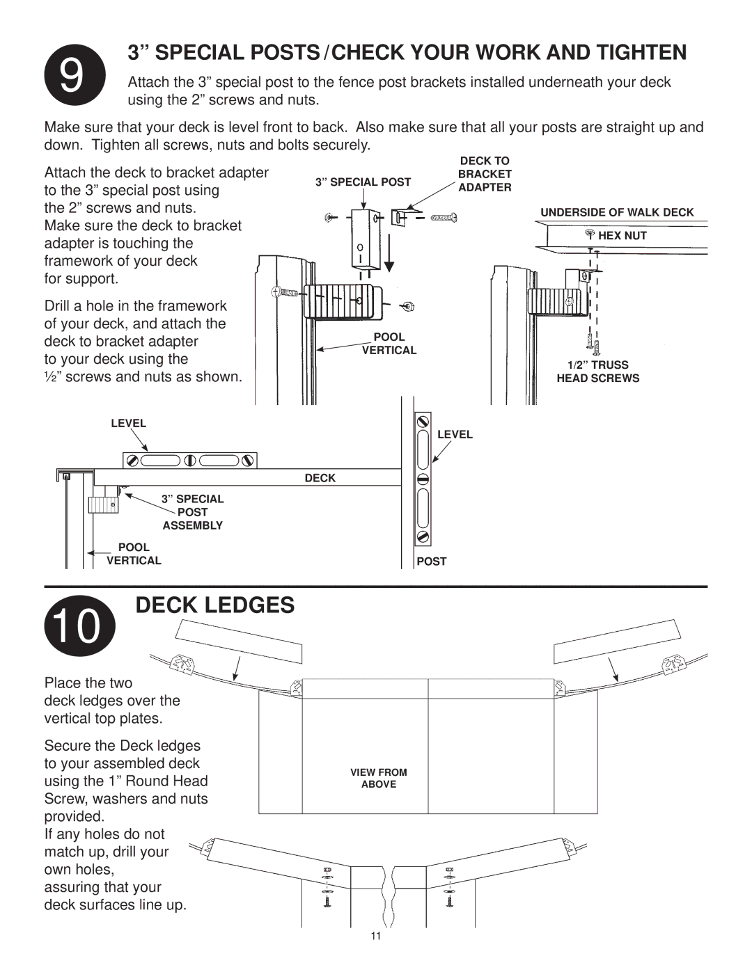 Swim'n Play side deck manual Deck Ledges, Special Posts /CHECK Your Work and Tighten 