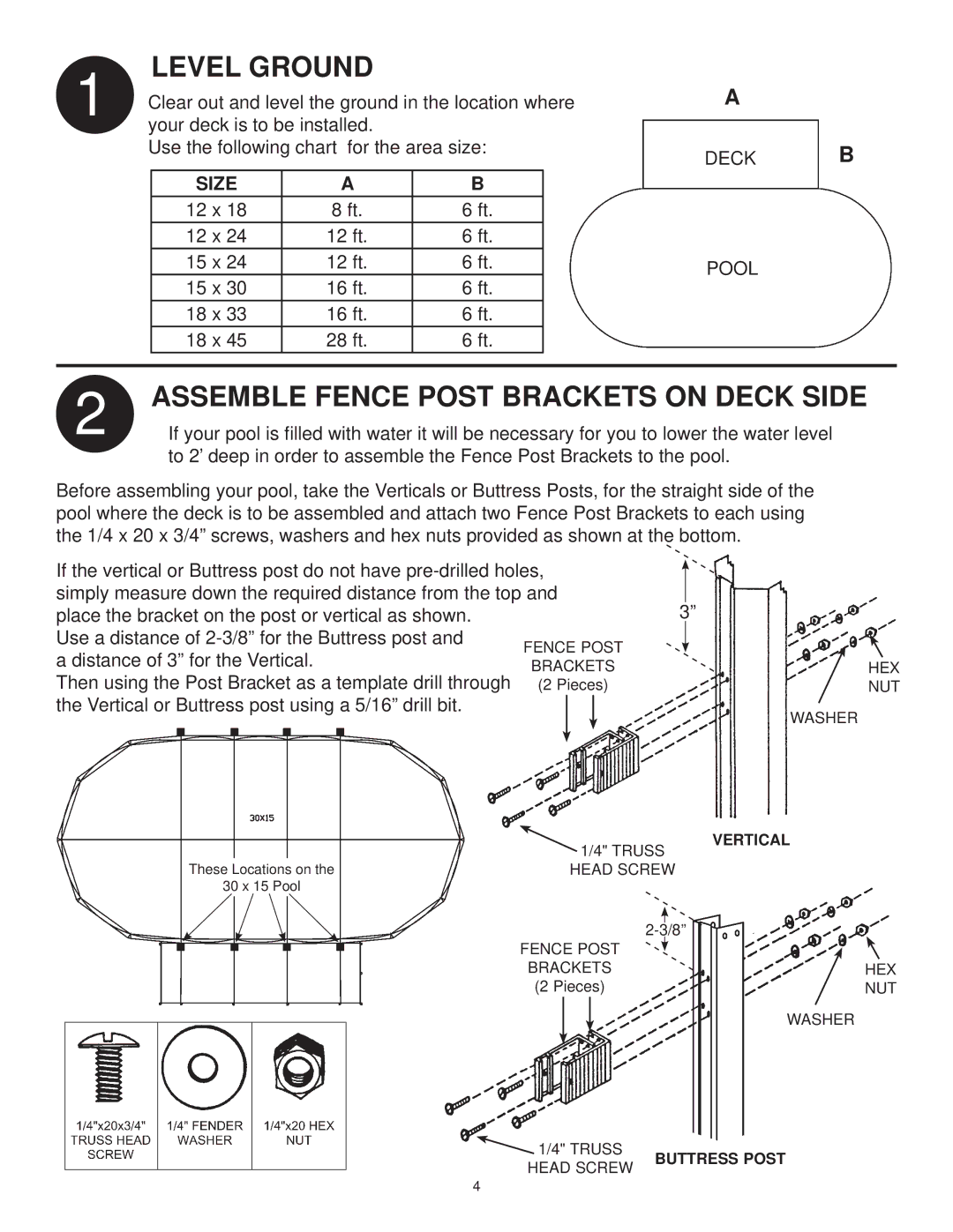 Swim'n Play side deck manual Level Ground, Assemble Fence Post Brackets on Deck Side, Size 