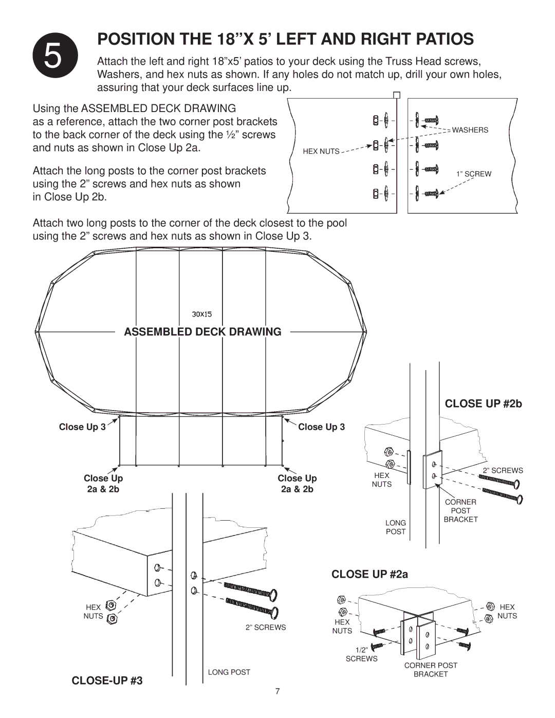 Swim'n Play side deck manual Position the 18X 5’ Left and Right Patios, Assembled Deck Drawing 