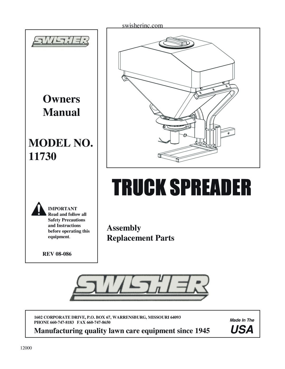 Swisher 11730 owner manual Truckspreader, Assembly Replacement Parts, Manufacturing quality lawn care equipment since 