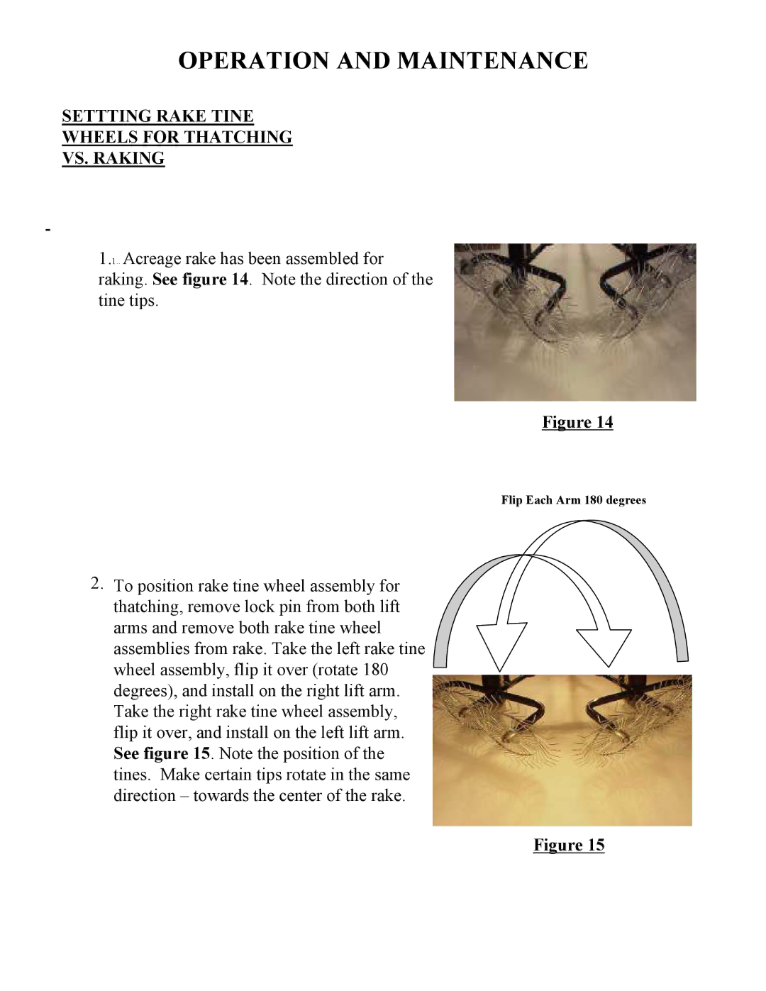 Swisher ACR-500, ACR-500S owner manual Operation and Maintenance, Settting Rake Tine Wheels for Thatching VS. Raking 