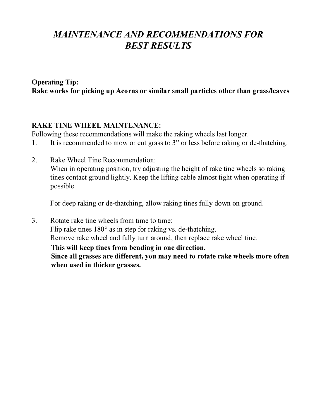 Swisher ACR-500, ACR-500S owner manual Maintenance and Recommendations for Best Results, Rake Tine Wheel Maintenance 