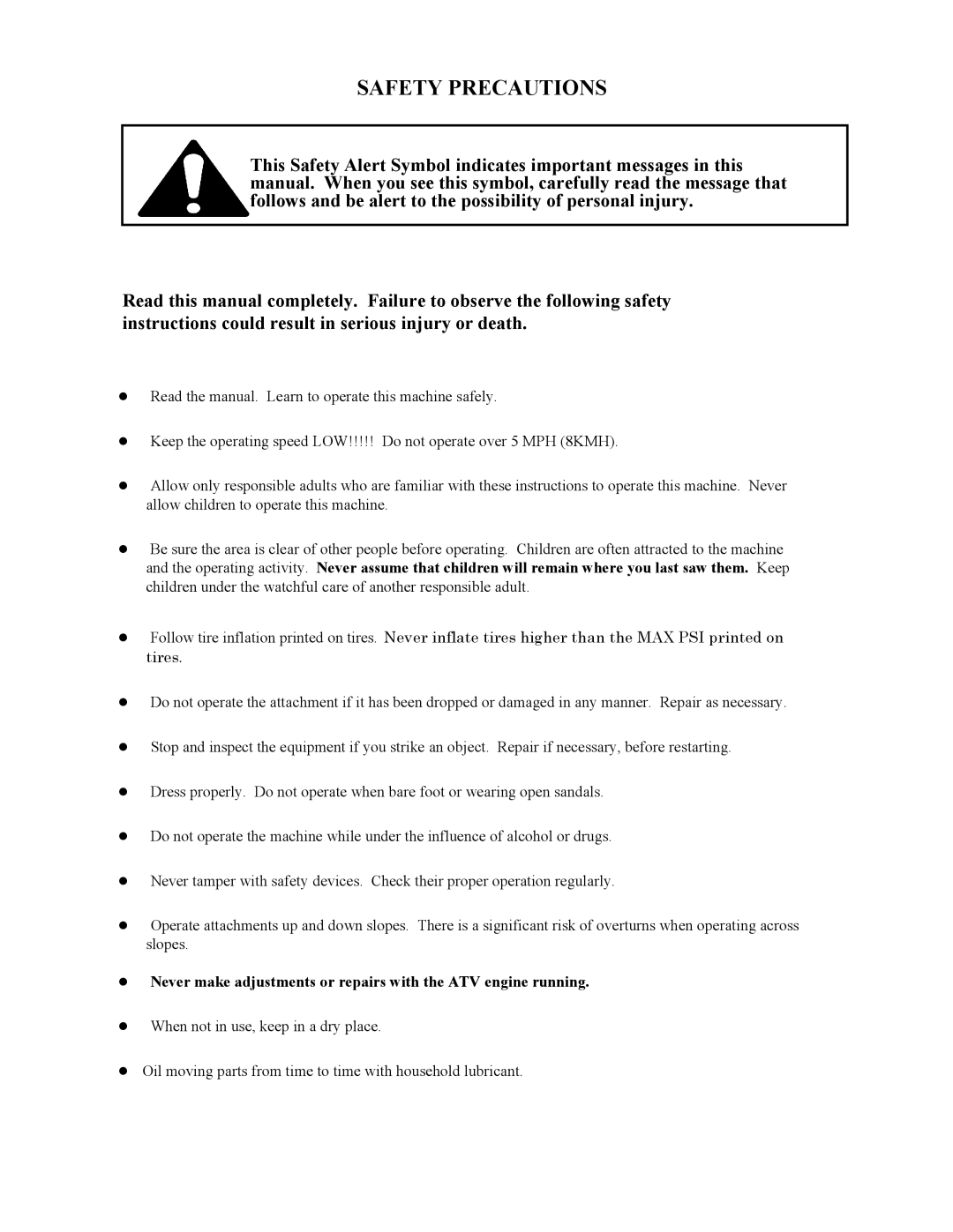 Swisher ACR-500, ACR-500S owner manual Safety Precautions 