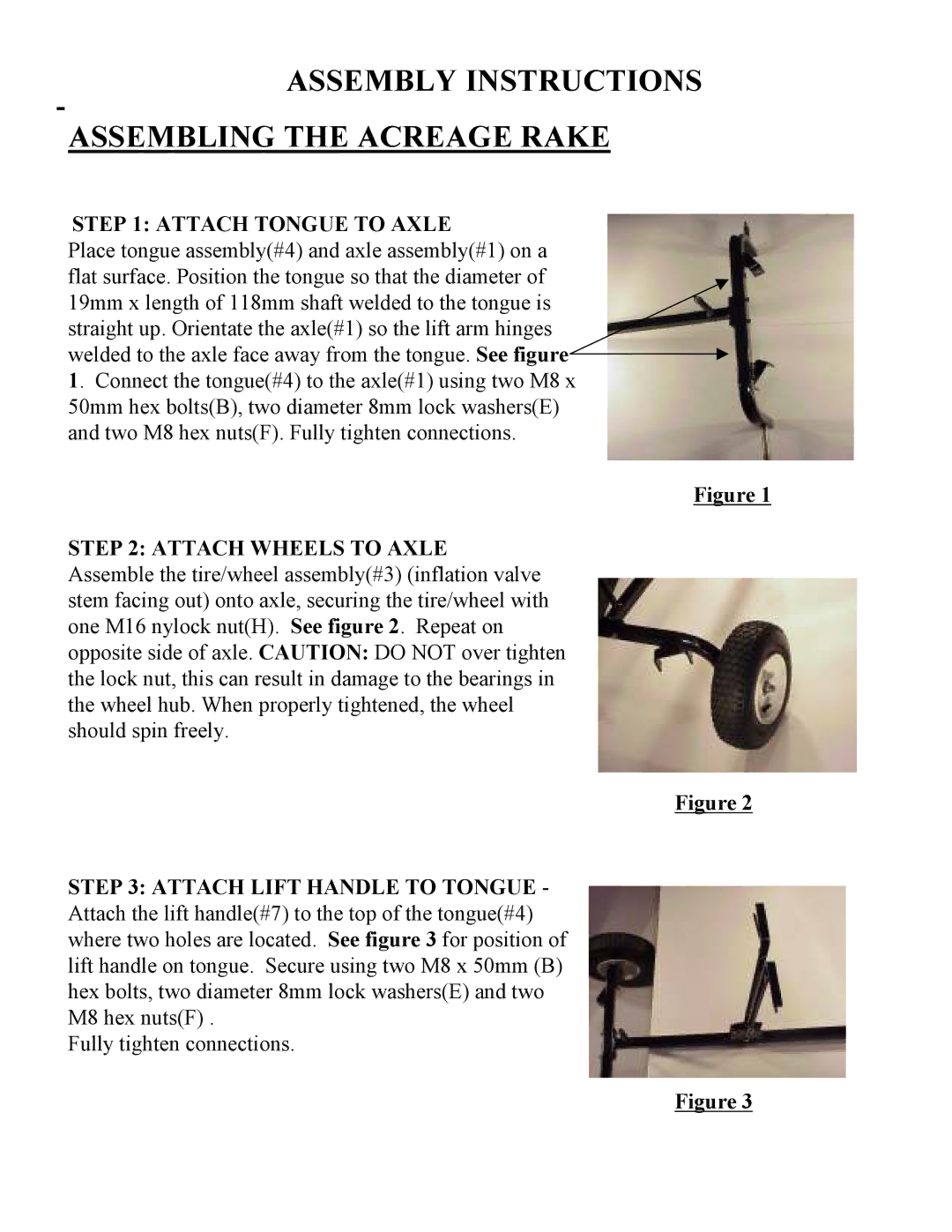 Swisher ACR-500, ACR-500S owner manual Assembly Instructions Assembling the Acreage Rake, Attach Tongue to Axle 