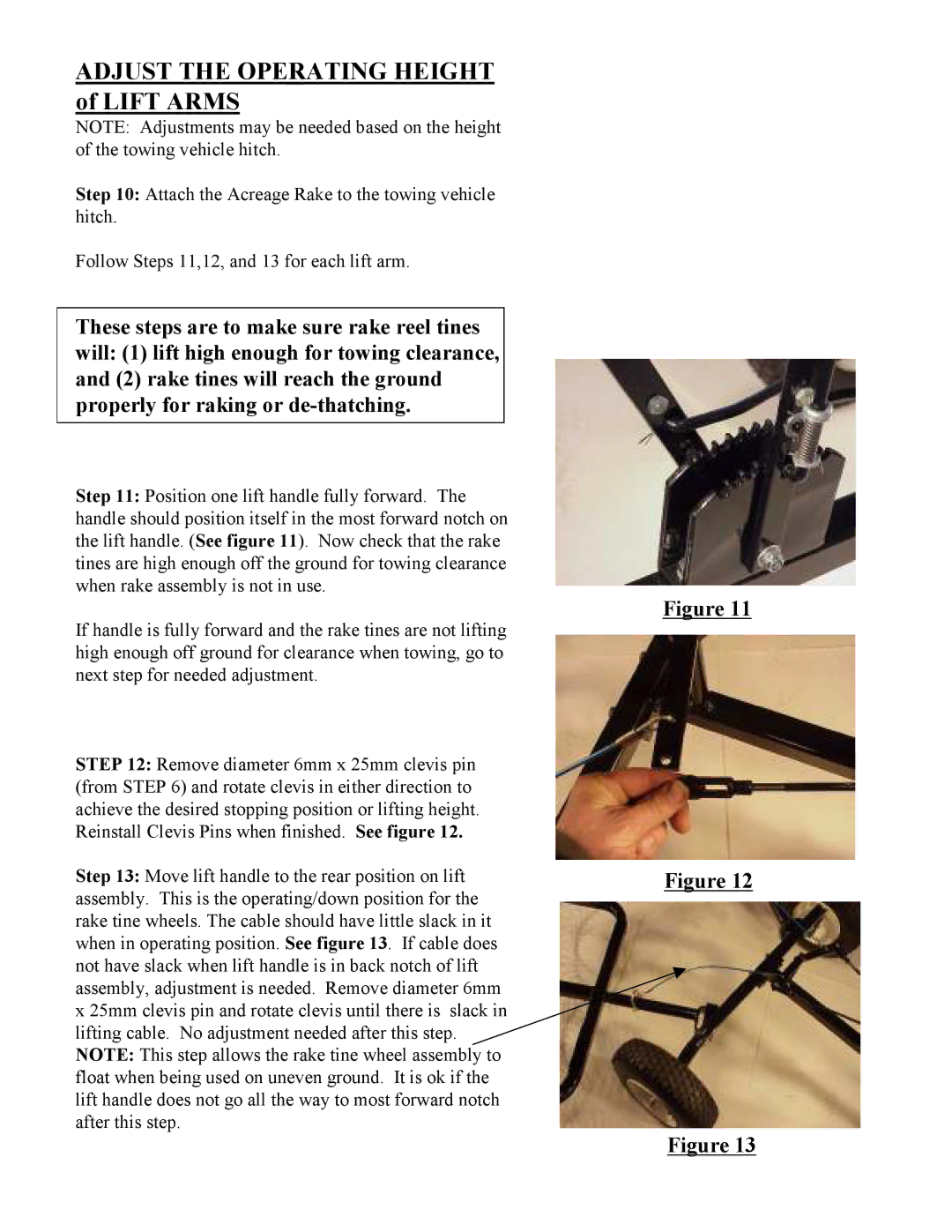 Swisher ACR-500, ACR-500S owner manual Adjust the Operating Height of Lift Arms 