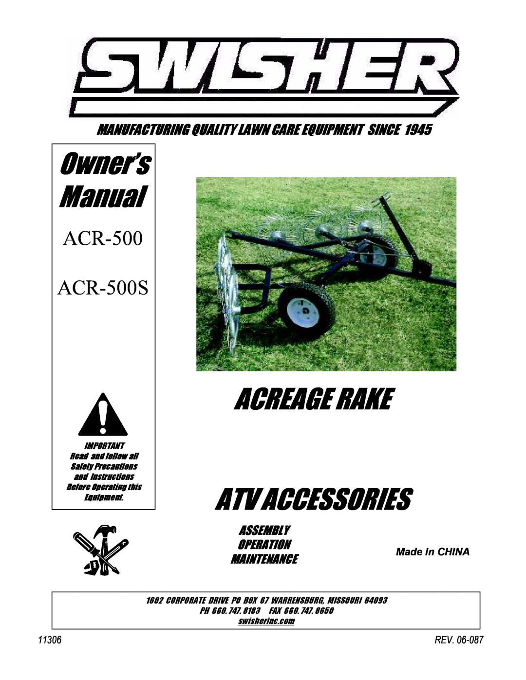 Swisher ACR-500, ACR-500S owner manual Acreage Rake Atv Accessories, Manufacturing Quality Lawn Care Equipment Since, Rev 
