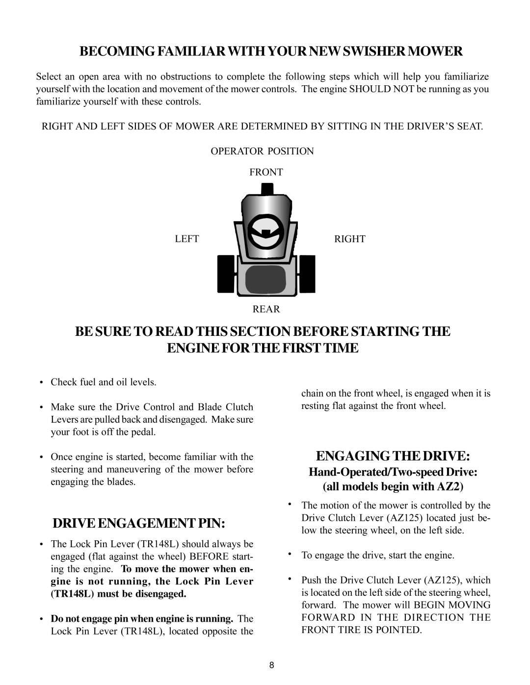 Swisher AZ Series, 97-056001 owner manual Hand-Operated/Two-speed Drive All models begin with AZ2, Check fuel and oil levels 