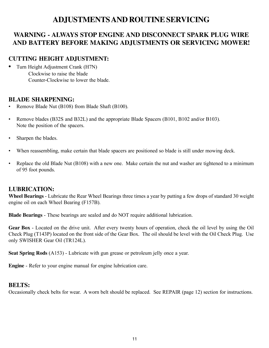 Swisher 97-056001, AZ Series owner manual Adjustments and Routine Servicing, foot pounds 