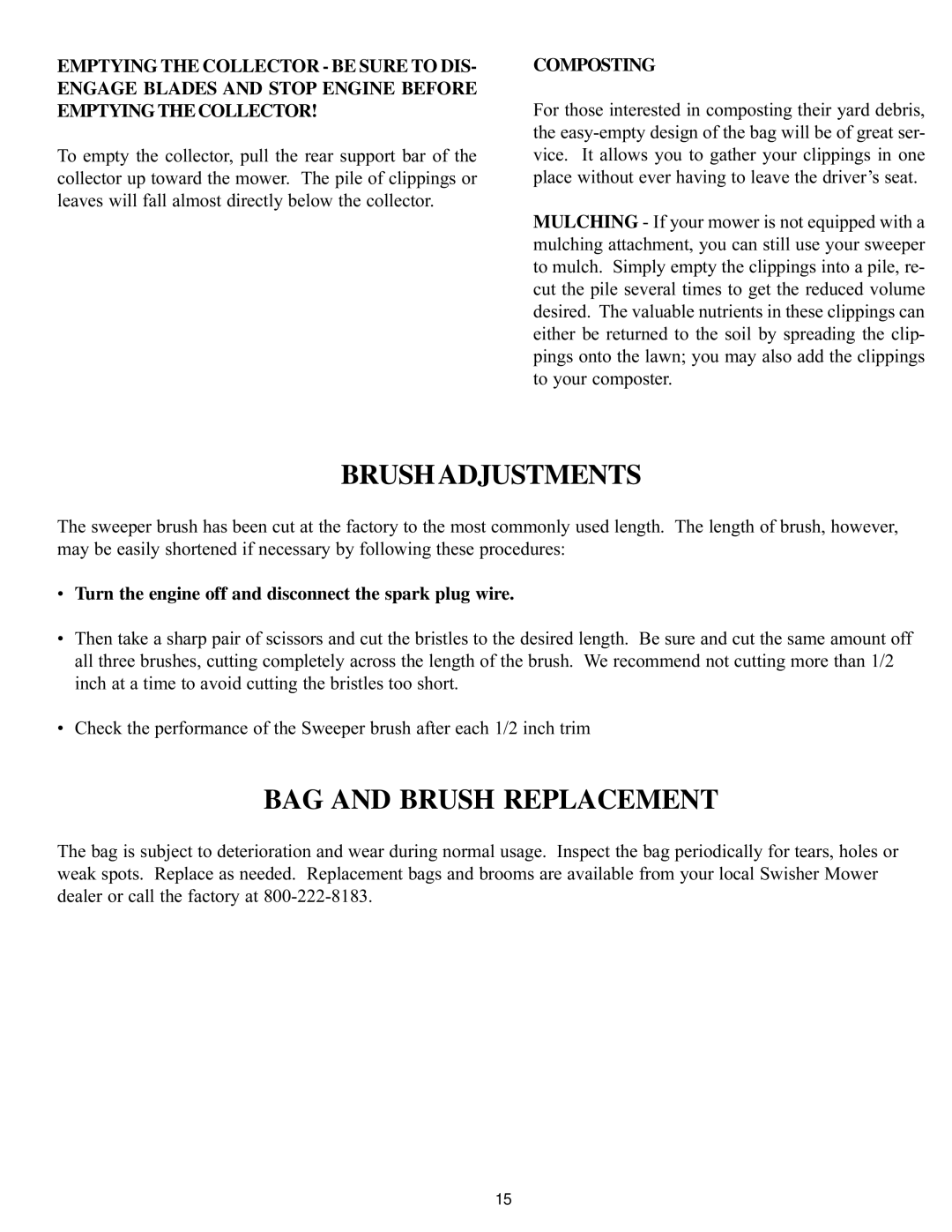 Swisher 97-056001, AZ Series owner manual Brush Adjustments, BAG and Brush Replacement, Composting 