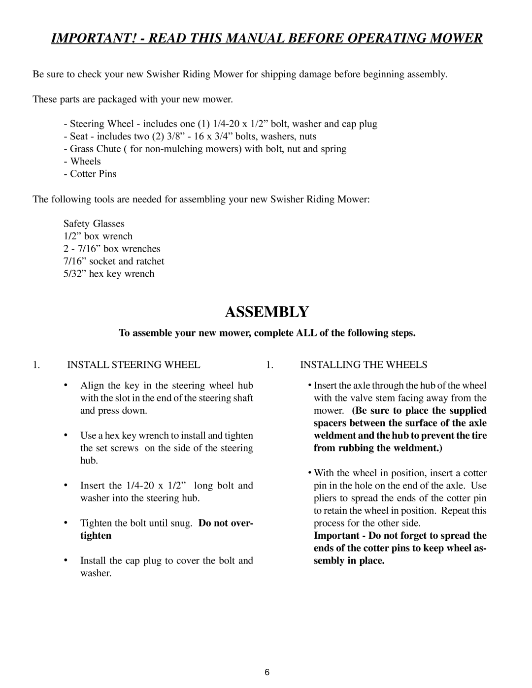 Swisher AZ Series, 97-056001 owner manual Assembly, IMPORTANT! Read this Manual Before Operating Mower 