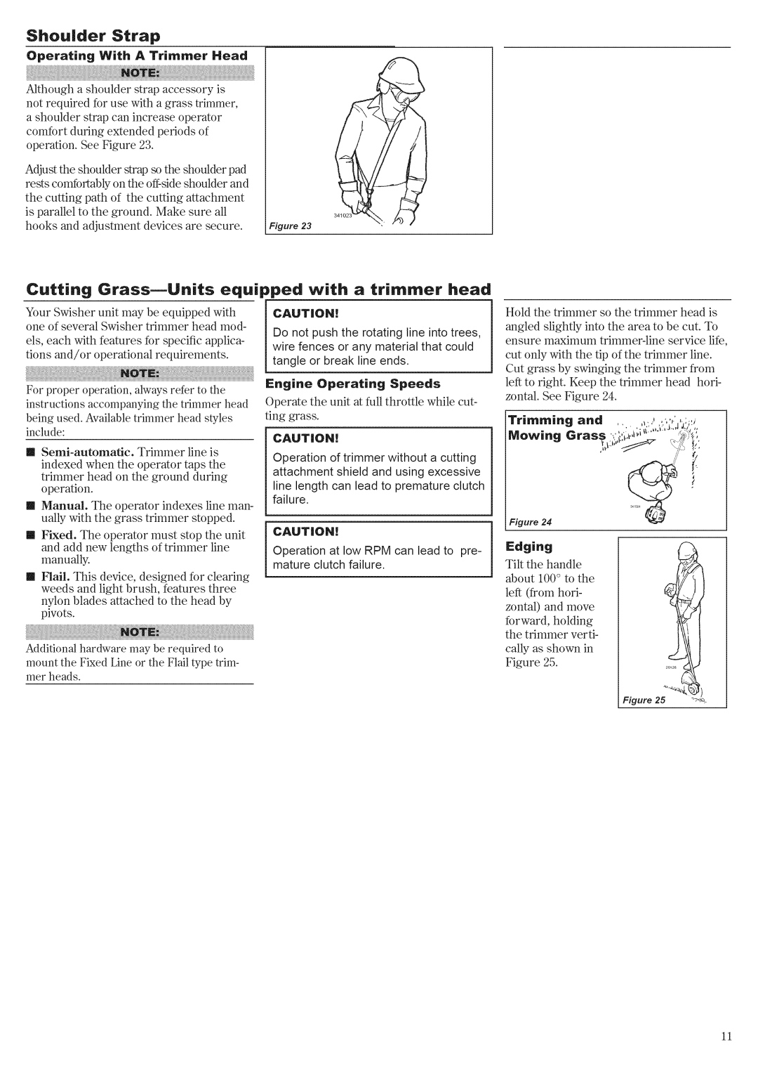Swisher E4-S3000 manual Shoulder Strap, Cutting GrassmUnits equipped with a trimmer head, Engine Operating Speeds, Edging 