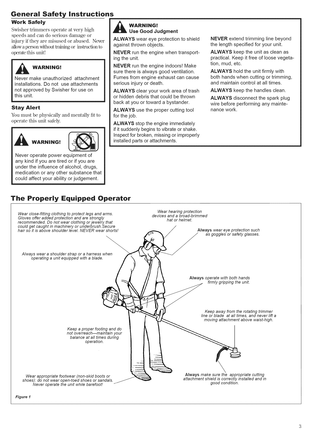 Swisher E4-S3000 manual General Safety Instructions, Properly Equipped Operator, Stay Alert, Use Good Judgment 