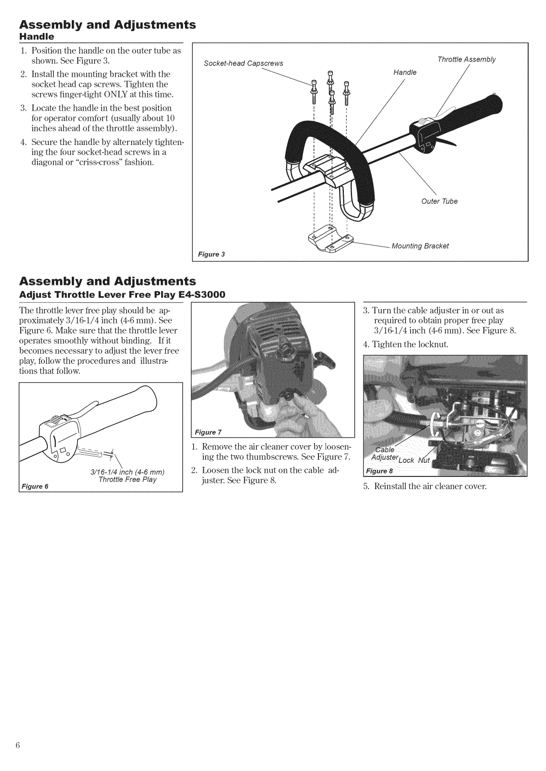 Swisher E4-S3000 manual Assemby and Adjustments, Assembly and Adjustments, Handle, Adjust Throttle Lever Free Play E4-$3000 
