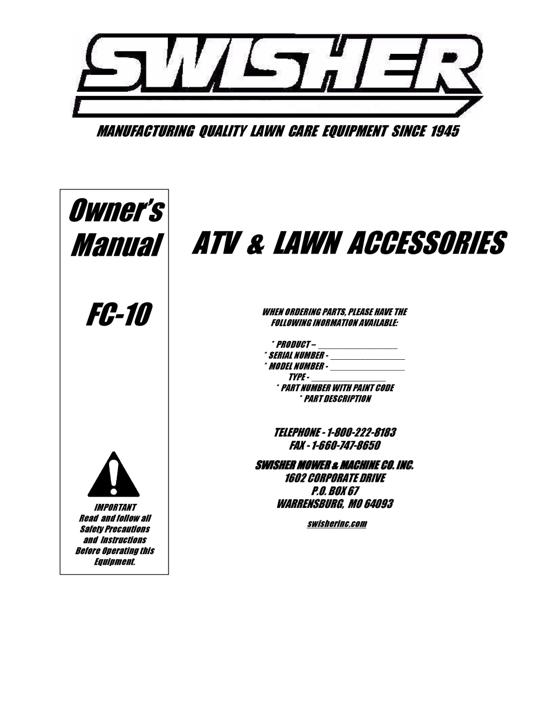 Swisher FC-10 owner manual ATV & Lawn Accessories 