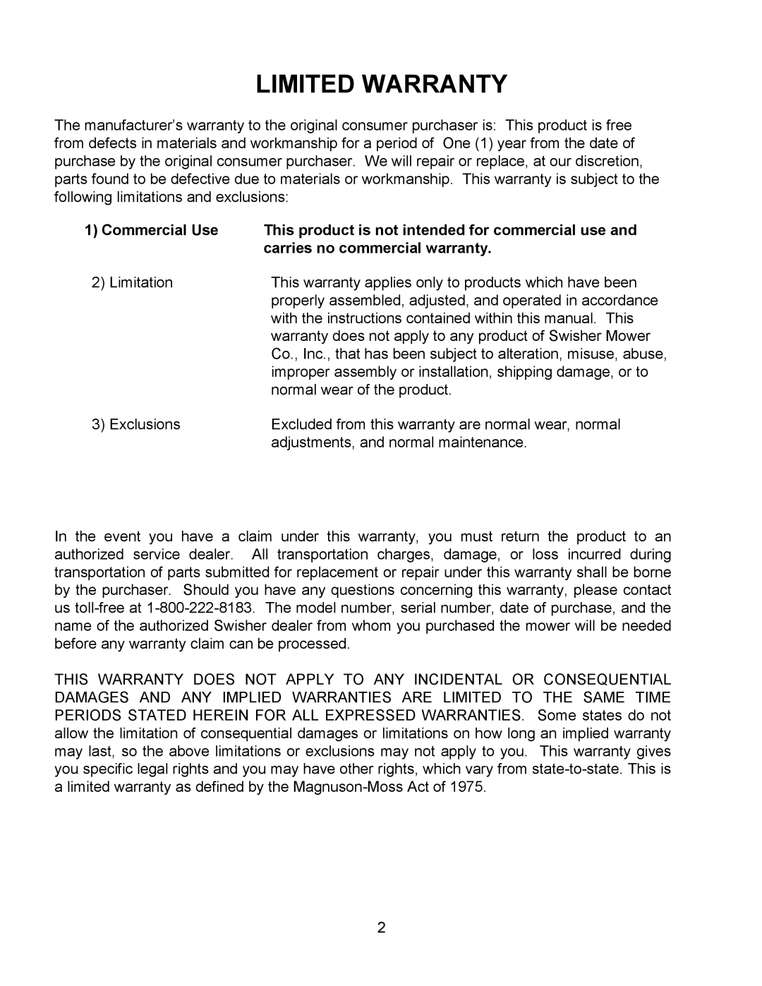 Swisher FC-10 owner manual Limited Warranty 