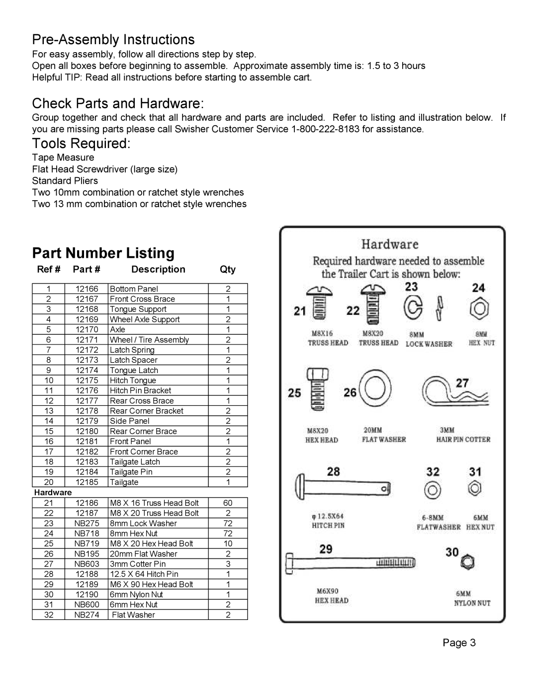 Swisher FC-10 owner manual Part Number Listing 