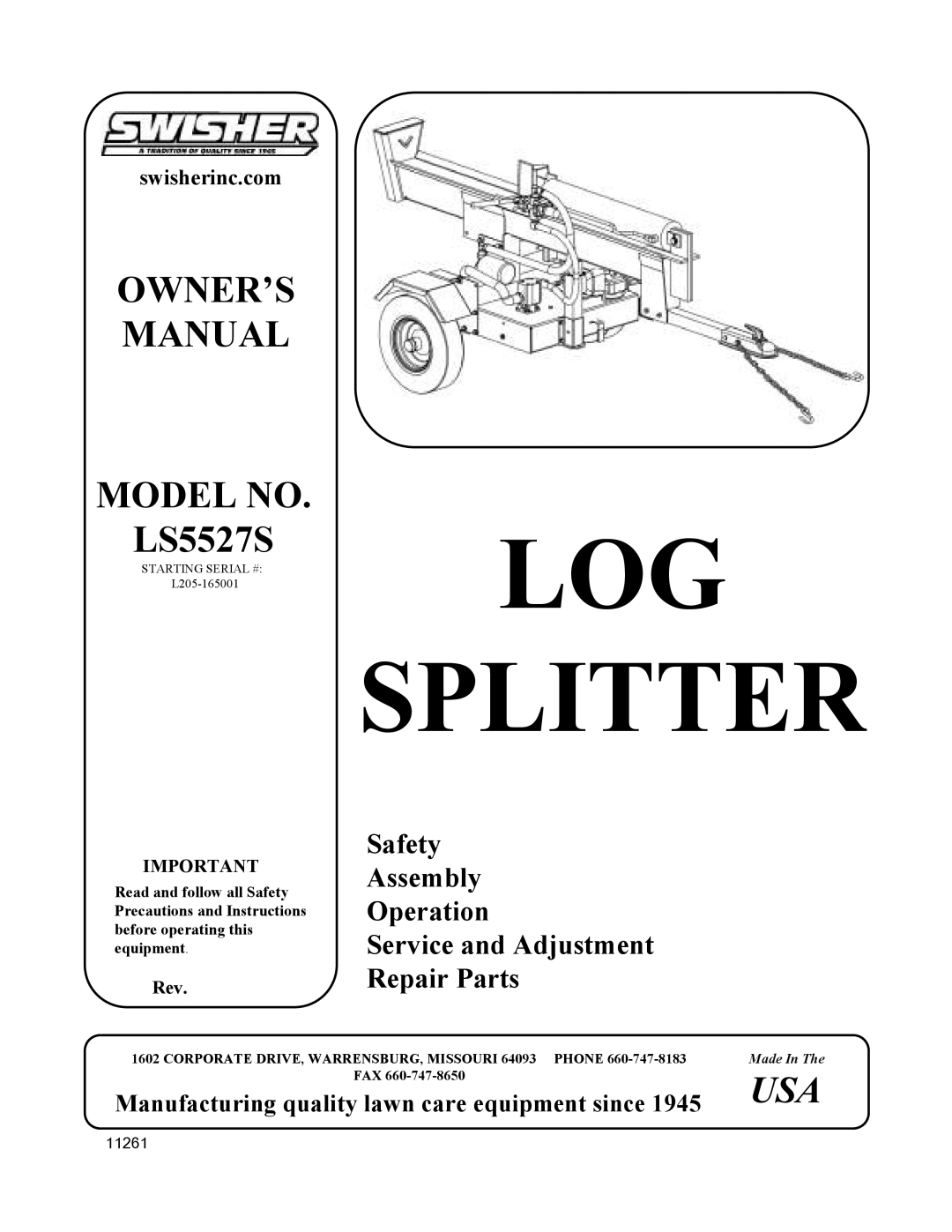 Swisher LS5527S owner manual LOG Splitter 