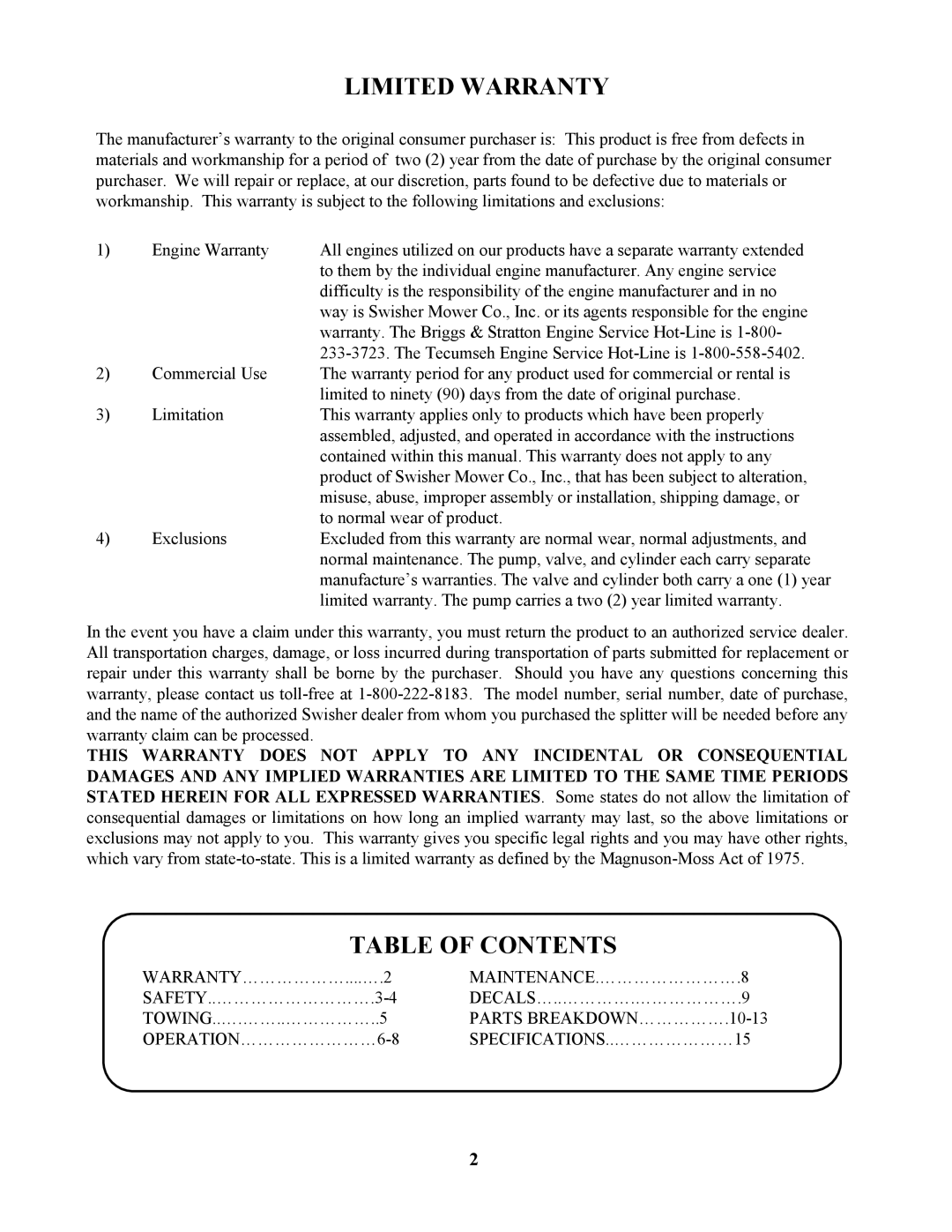 Swisher LS5527S owner manual Limited Warranty, Table of Contents 