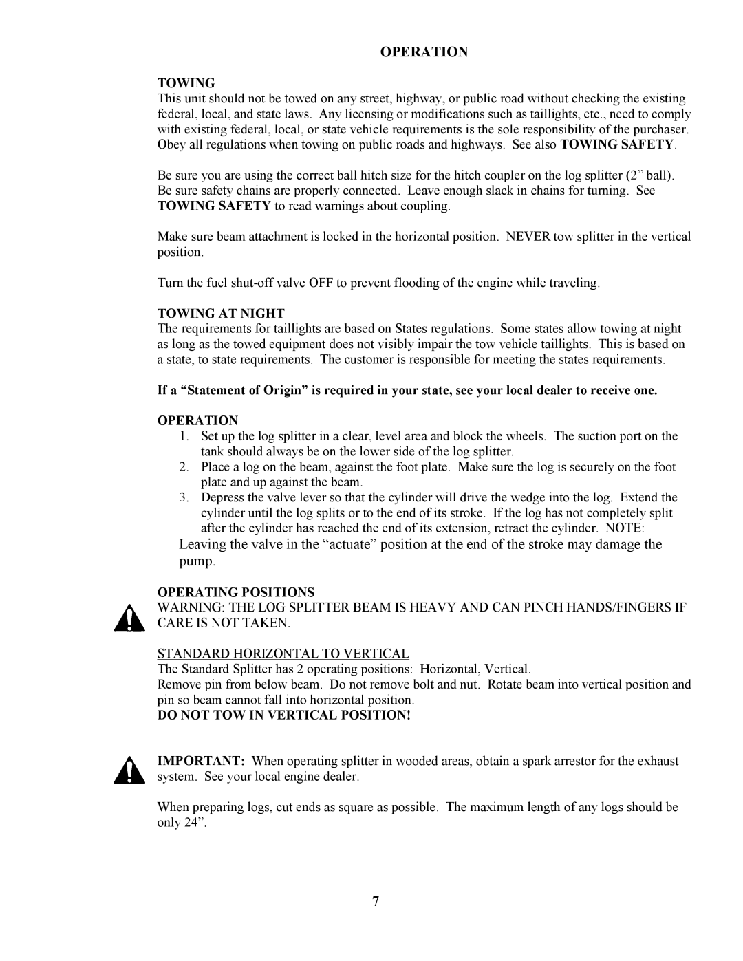 Swisher LS5527S owner manual Towing AT Night, Operation, Operating Positions Standard Horizontal to Vertical 