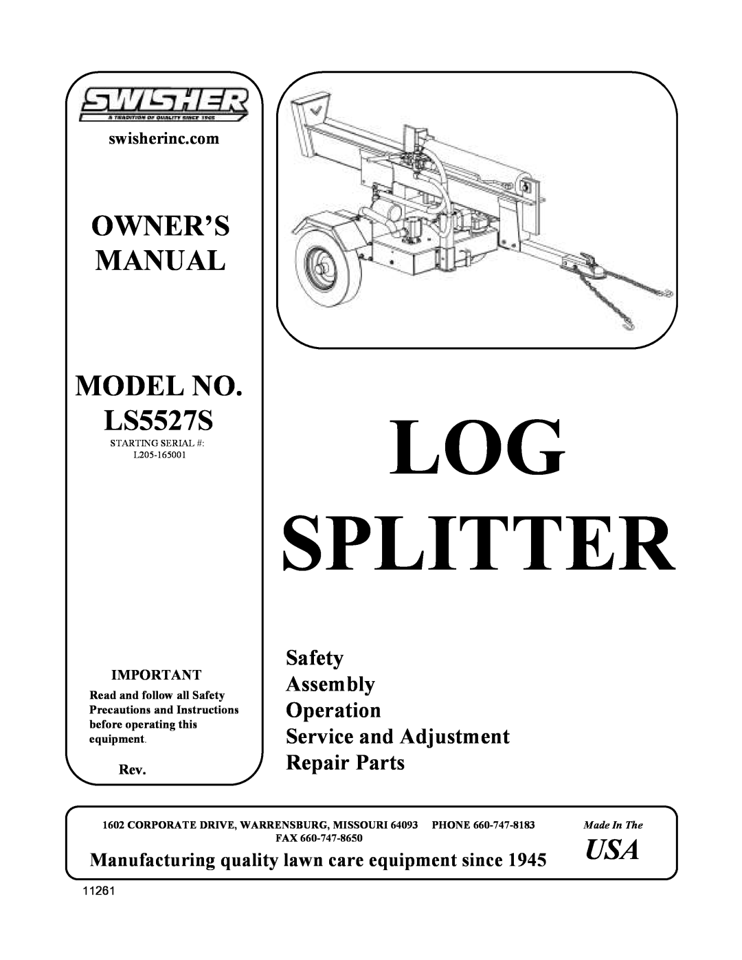 Swisher LS5527S owner manual Manufacturing quality lawn care equipment since, Log Splitter, Repair Parts, swisherinc.com 