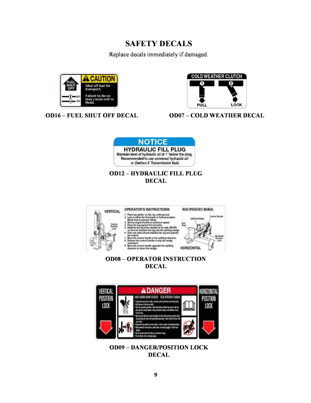 Swisher LS5527S owner manual Safety Decals, Replace decals immediately if damaged, OD16 - FUEL SHUT OFF DECAL 