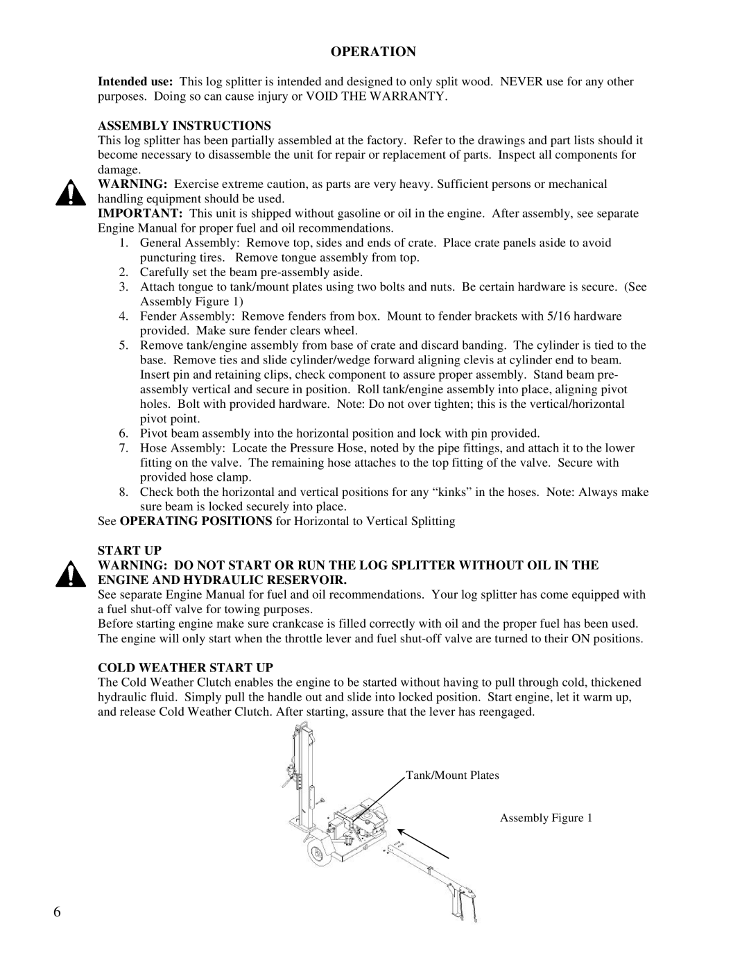 Swisher LS67526S manual Operation, Assemblyinstructions, Startup Engineandhydraulicreservoir, Coldweatherstartup 