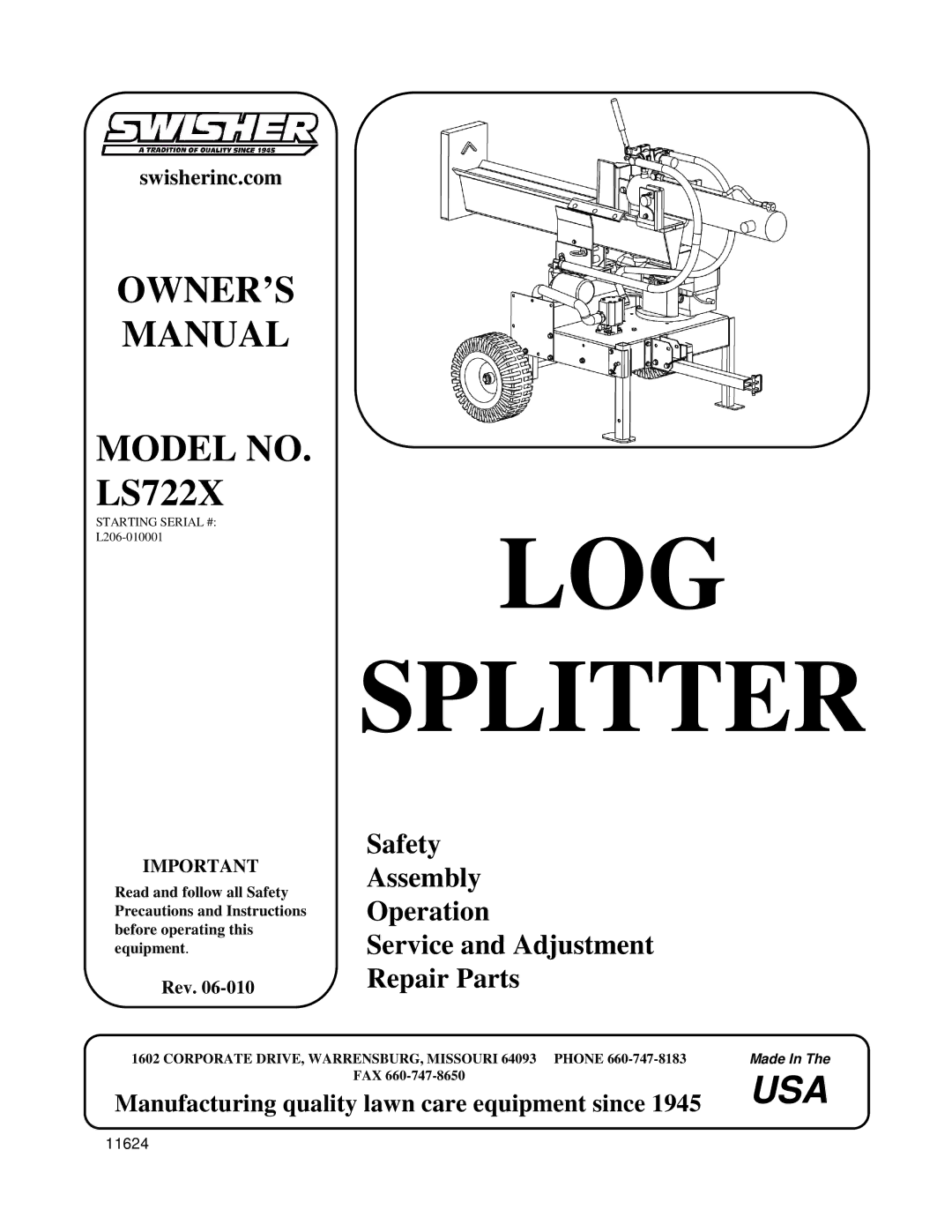 Swisher LS722X manual LOG Splitter 