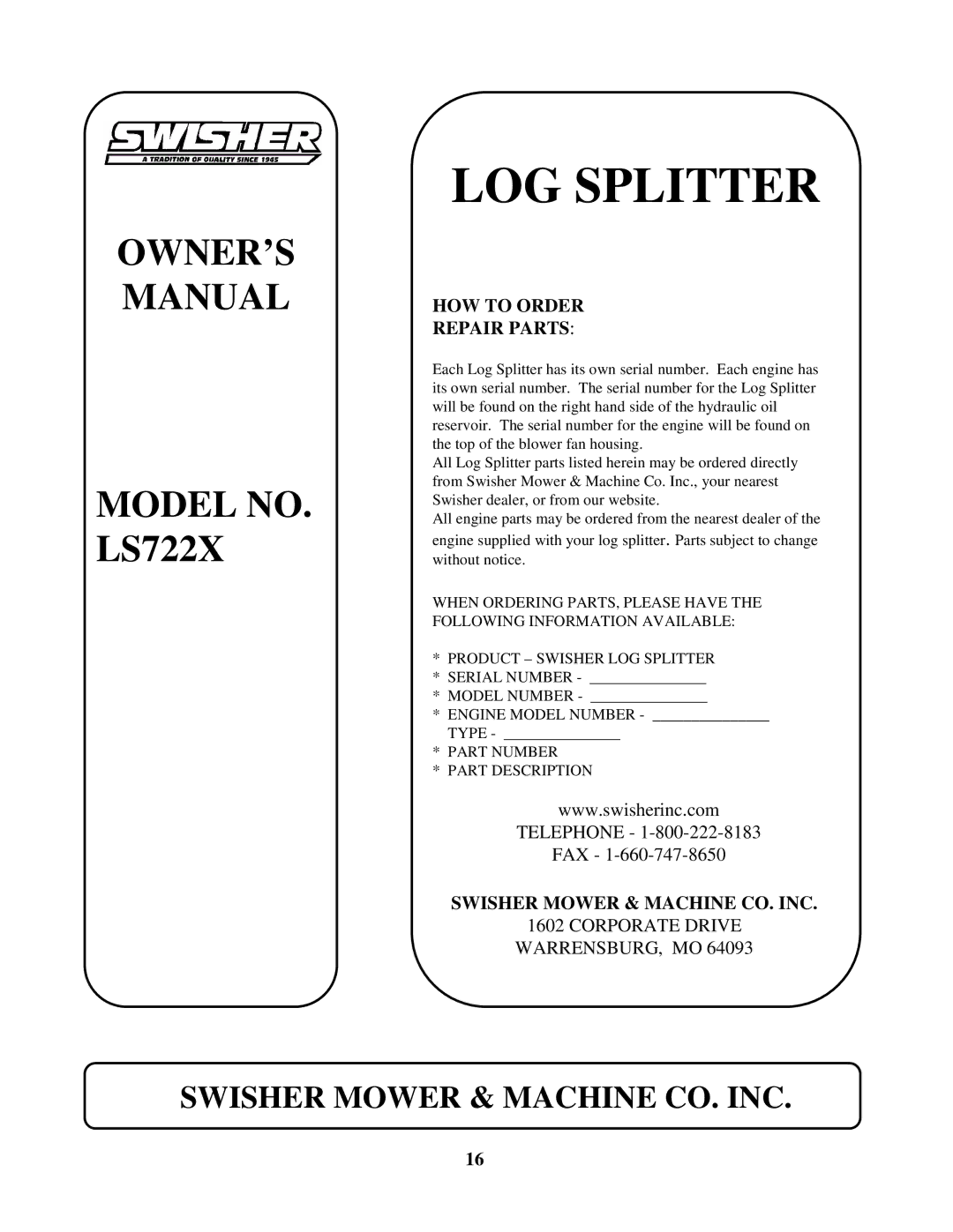 Swisher LS722X manual Logsplitter 