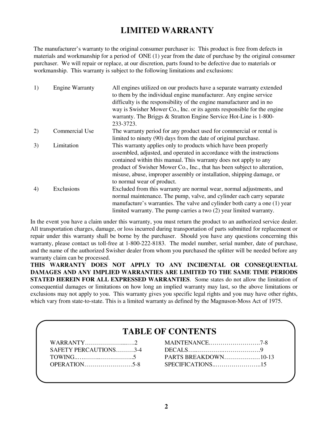 Swisher LS722X manual Limitedwarranty, Tableofcontents 