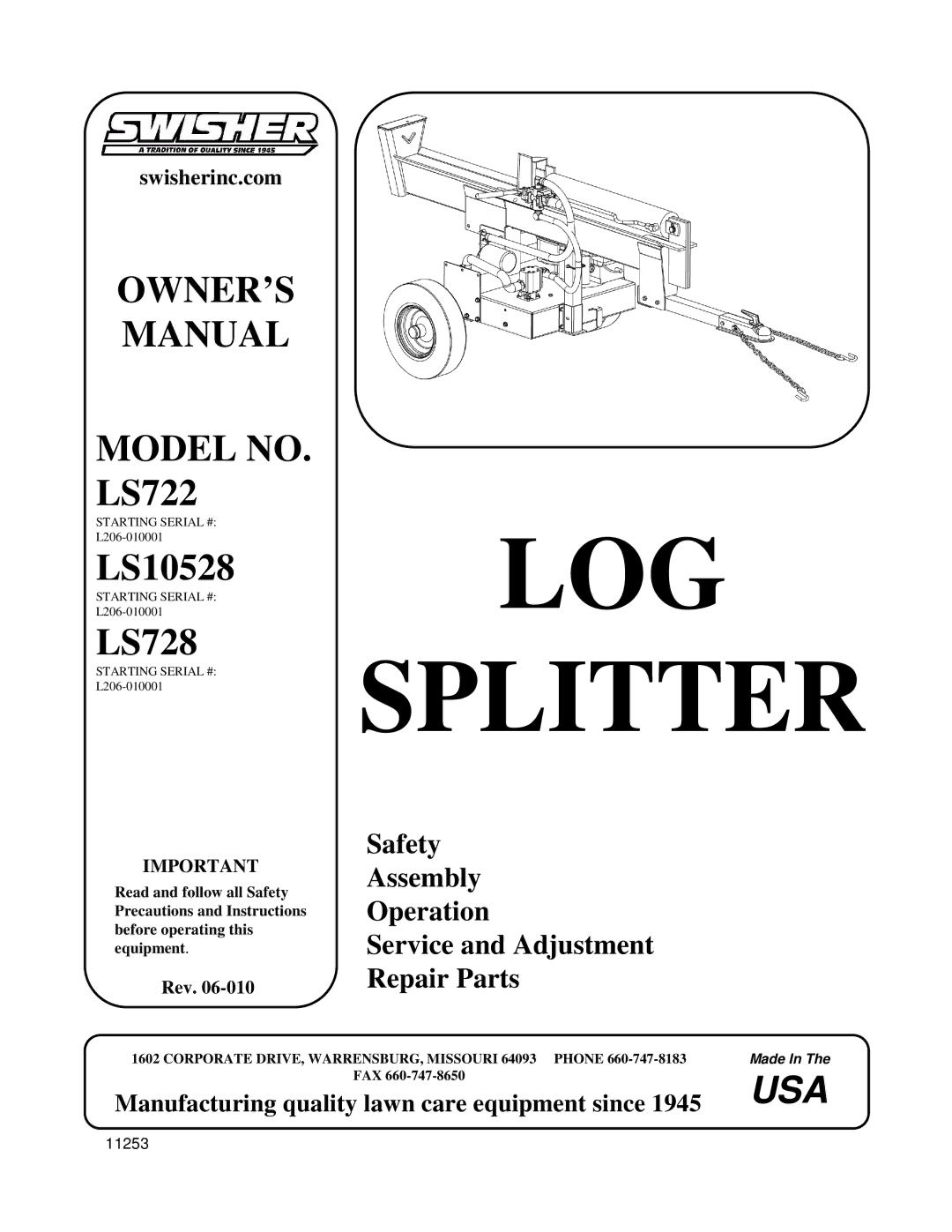 Swisher LS722, LS728, LS10528 manual LOG Splitter 