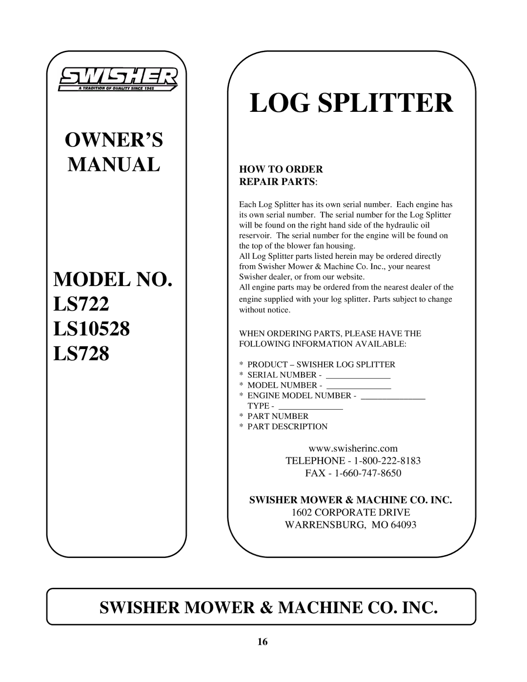 Swisher LS722, LS728, LS10528 manual Howtoorder Repairparts, Swishermower&Machineco.Inc 