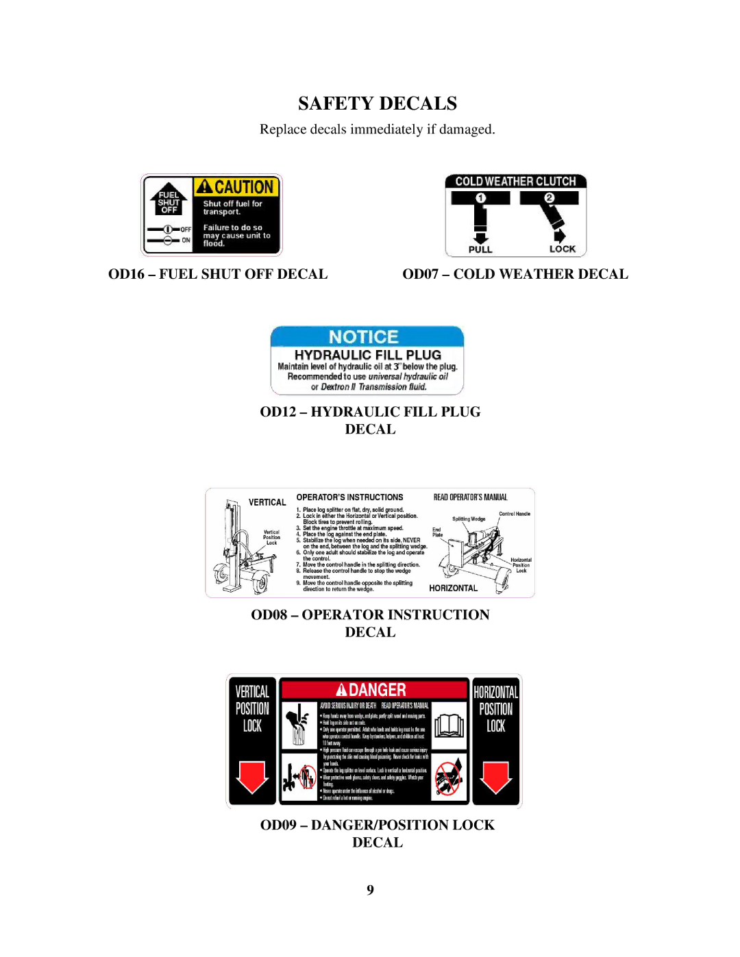 Swisher LS728, LS722, LS10528 manual Safetydecals, OD16- Fuelshutoffdecal 