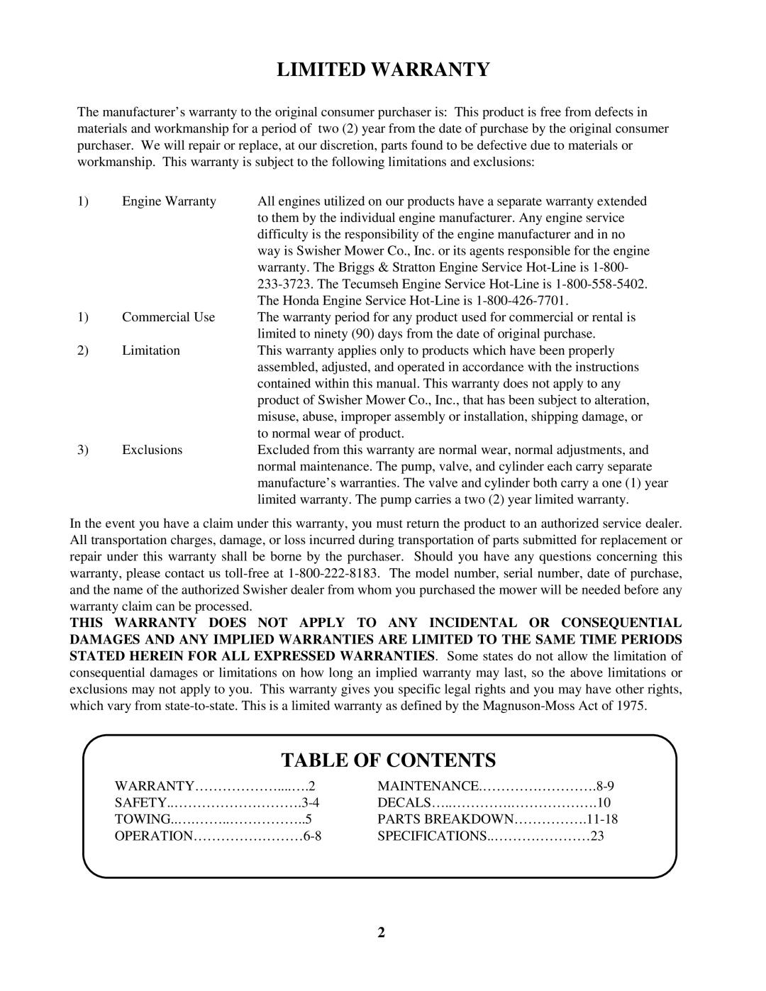 Swisher LS728C, LS10528C manual Limitedwarranty, Tableofcontents 