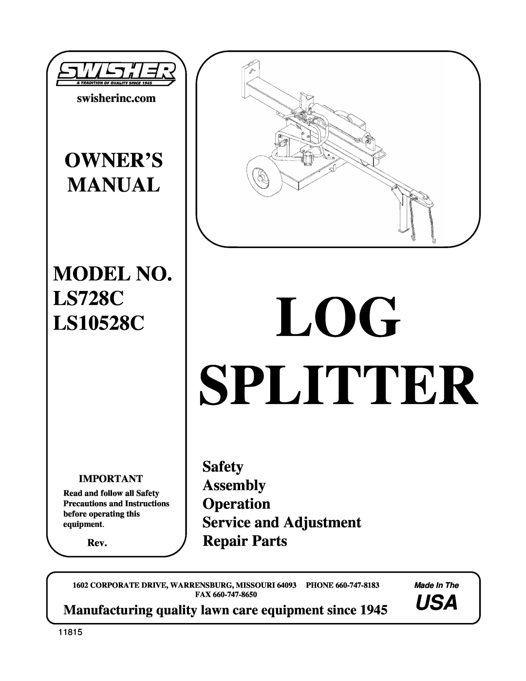 Swisher LS728C, LS10528C manual MODELNO. LS728C LS10528C, Log Splitter, Safety Assembly Operation ServiceandAdjustment 