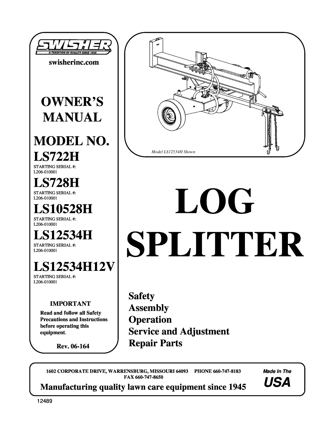 Swisher manual LS728H, LS10528H, LS12534H12V, MODELNO. LS722H, Rev.06-164, Log Splitter, RepairParts 