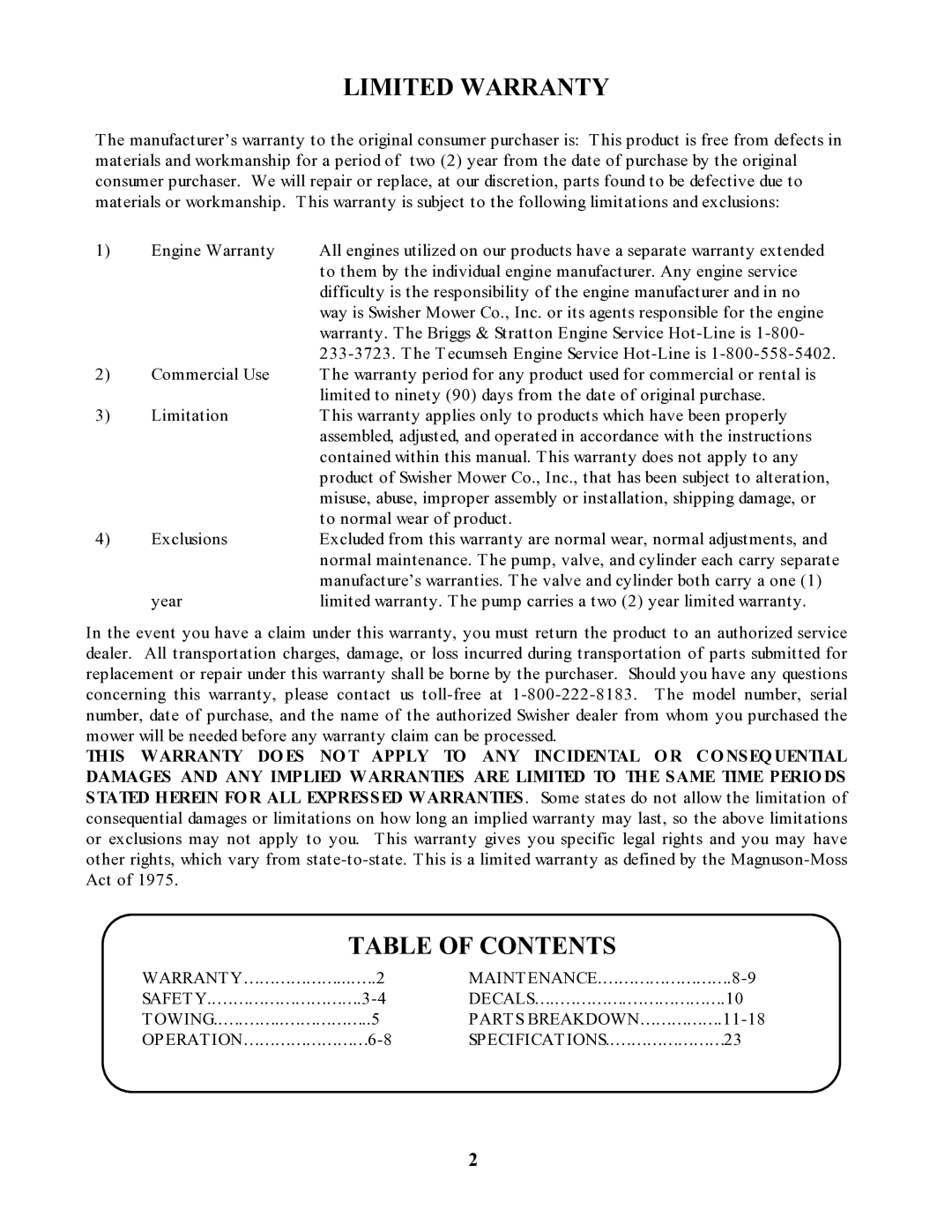 Swisher LS622, LS928, LS67525, LS11534, LS12534D owner manual Limited Warranty, Table of Contents 