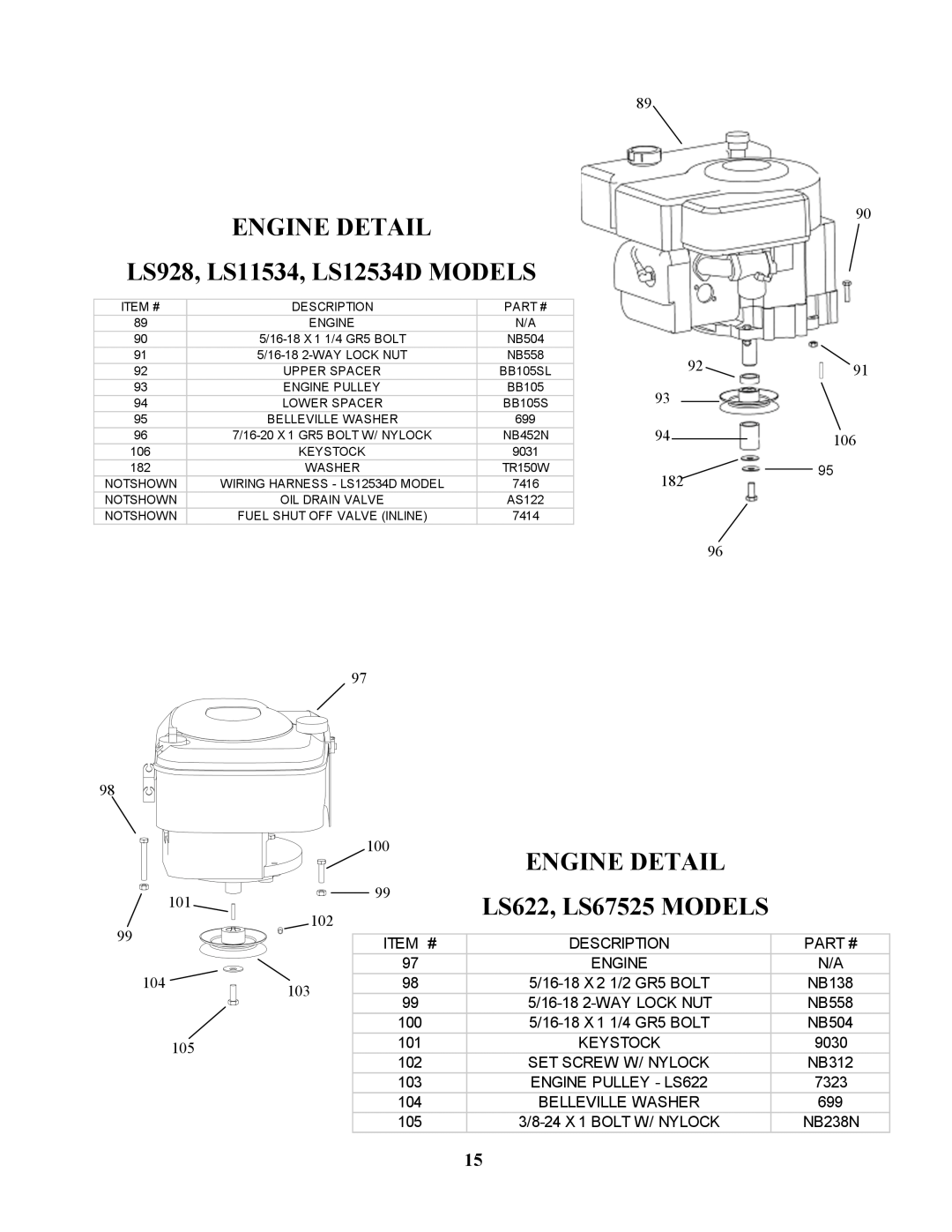 Swisher owner manual ENGINE DETAIL LS928, LS11534, LS12534D MODELS, Engine Detail, LS622, LS67525 MODELS 