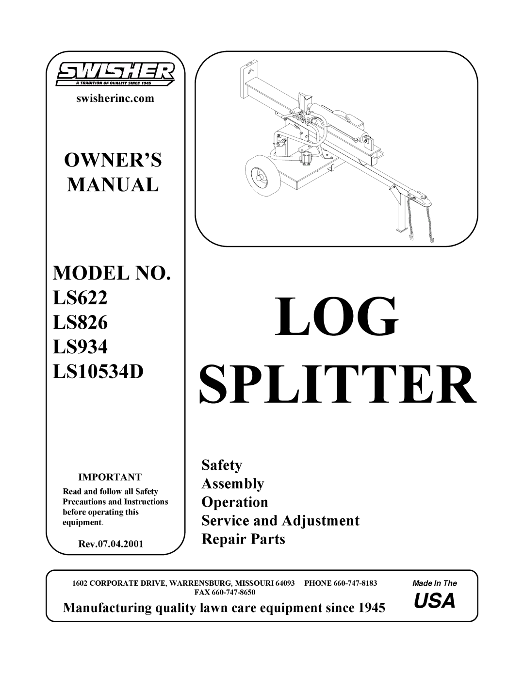 Swisher LS934, LS622, LS826, LS10534D manual LOG Splitter 