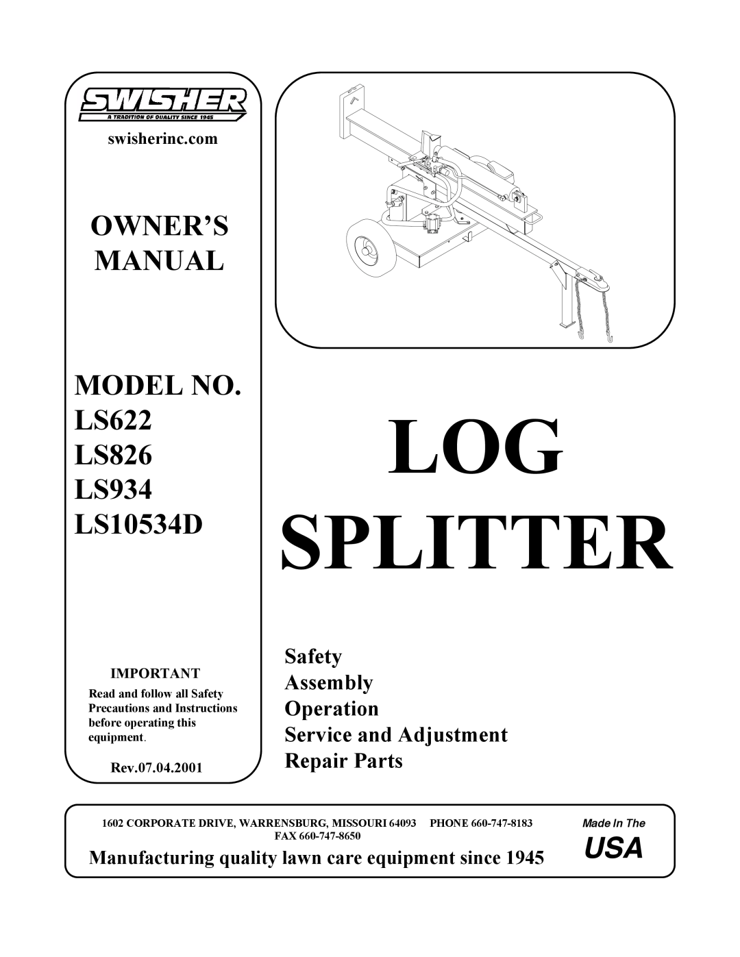 Swisher LS934, LS622, LS826, LS10534D manual Owner’S Manual, MODEL NO. LS622 LS826 LS934 LS10534D, Repair Parts 