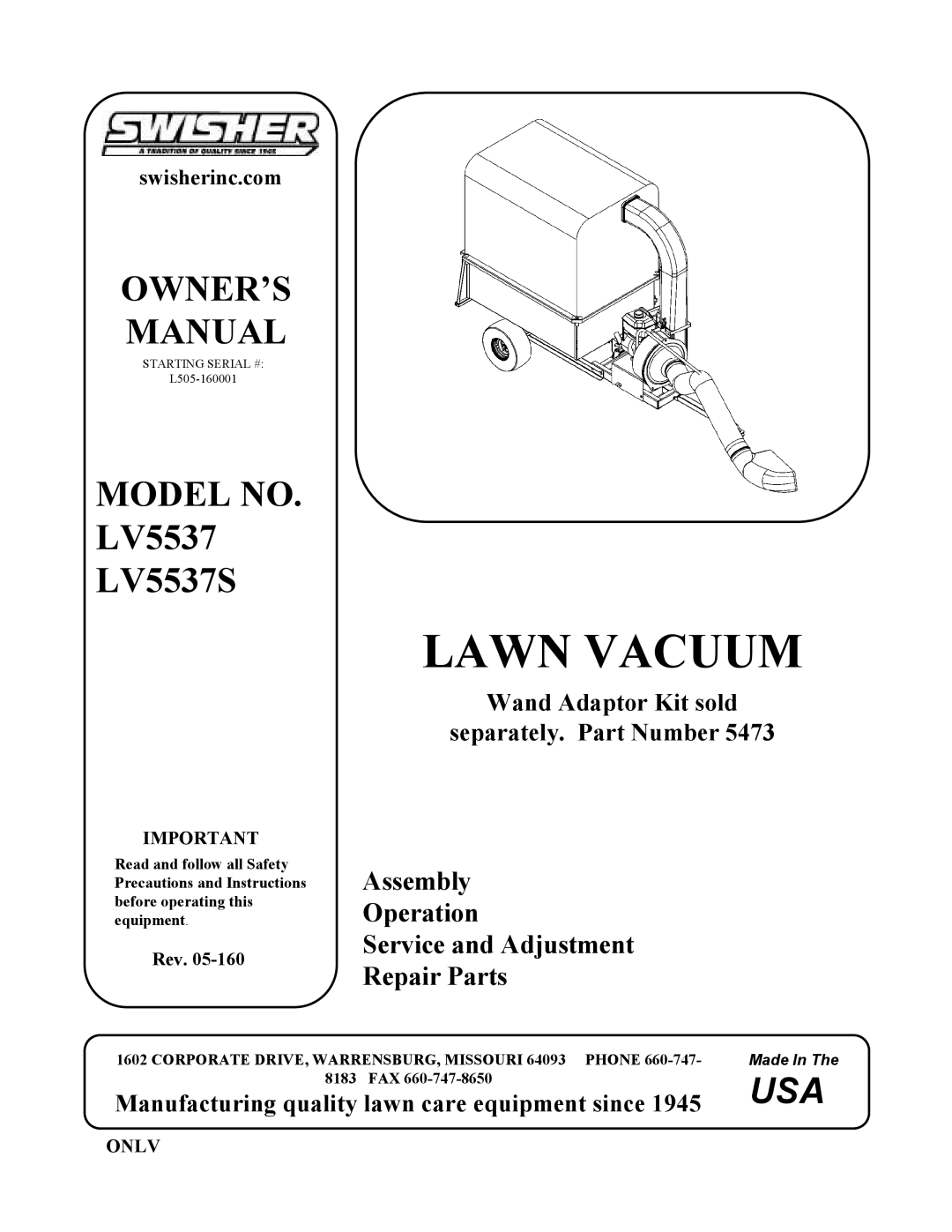 Swisher LV5537, LV5537S owner manual Lawn Vacuum, Onlv 