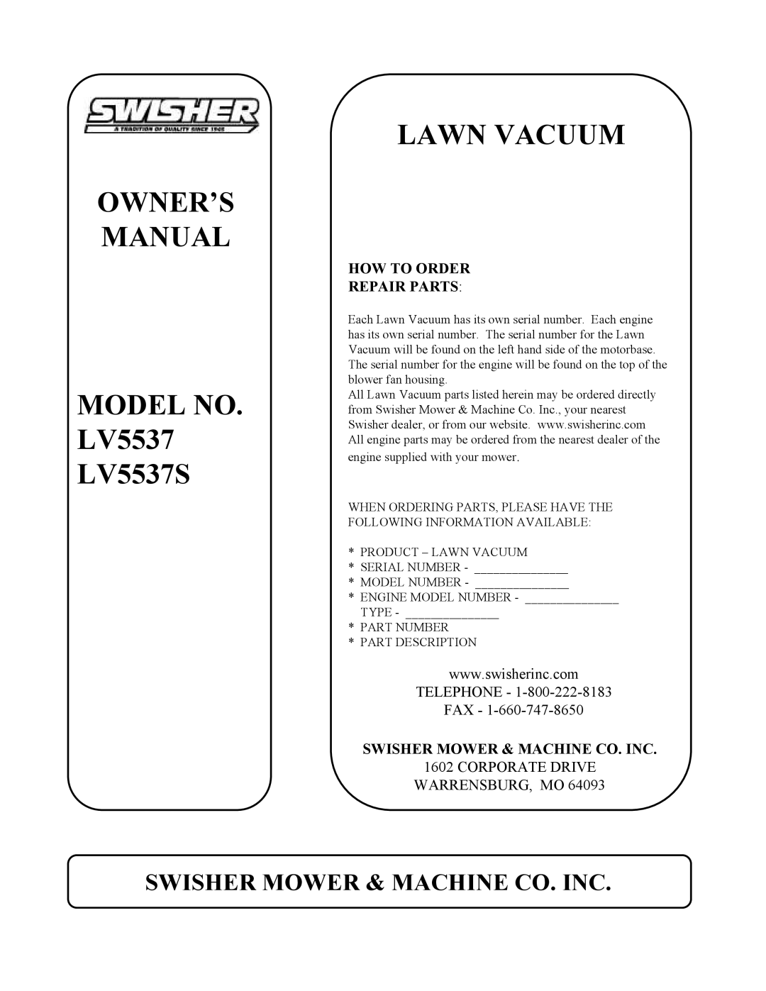 Swisher LV5537, LV5537S owner manual Lawn Vacuum, HOW to Order Repair Parts 