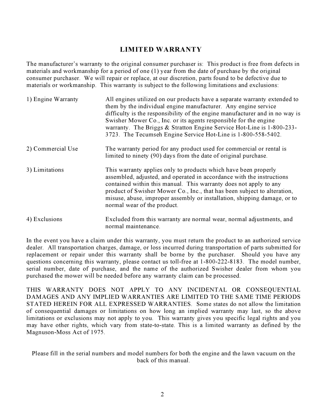 Swisher LV5537, LV5537S owner manual Limited Warranty 