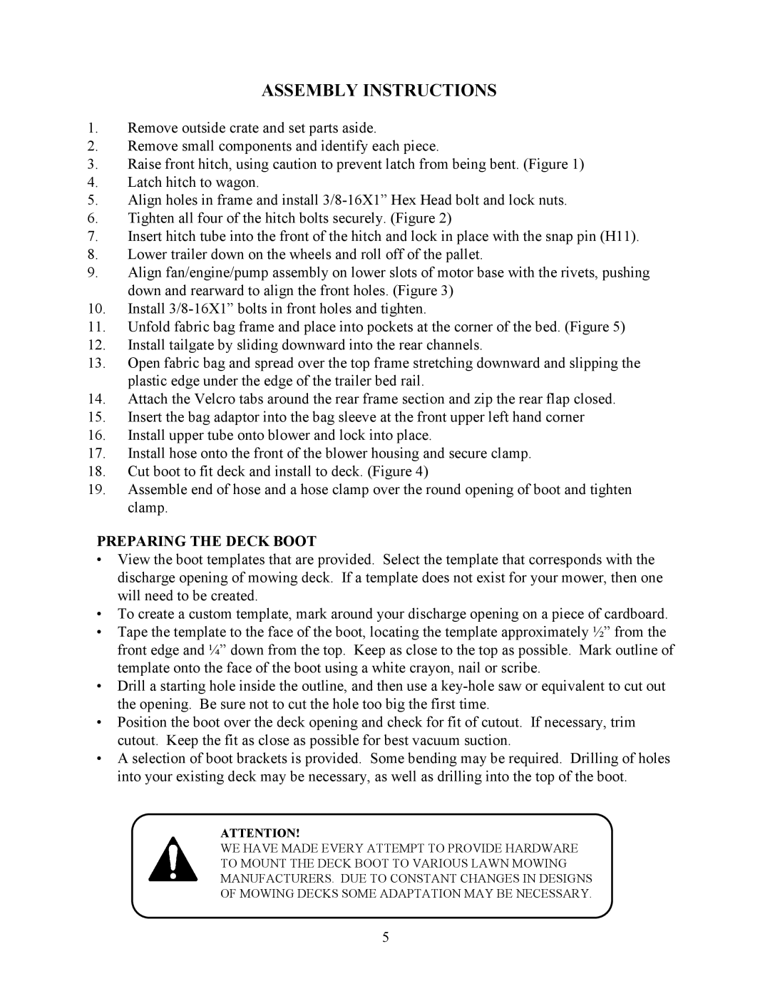 Swisher LV5537, LV5537S owner manual Assembly Instructions, Preparing the Deck Boot 