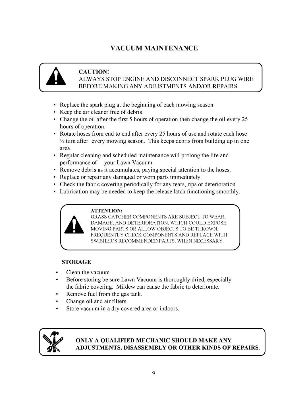 Swisher LV5537, LV5537S owner manual Vacuum Maintenance, Storage 